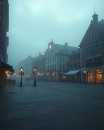 Experience an ethereal and spiritual vibe with this image of an empty town square bathed in gentle, soft light and diffused s