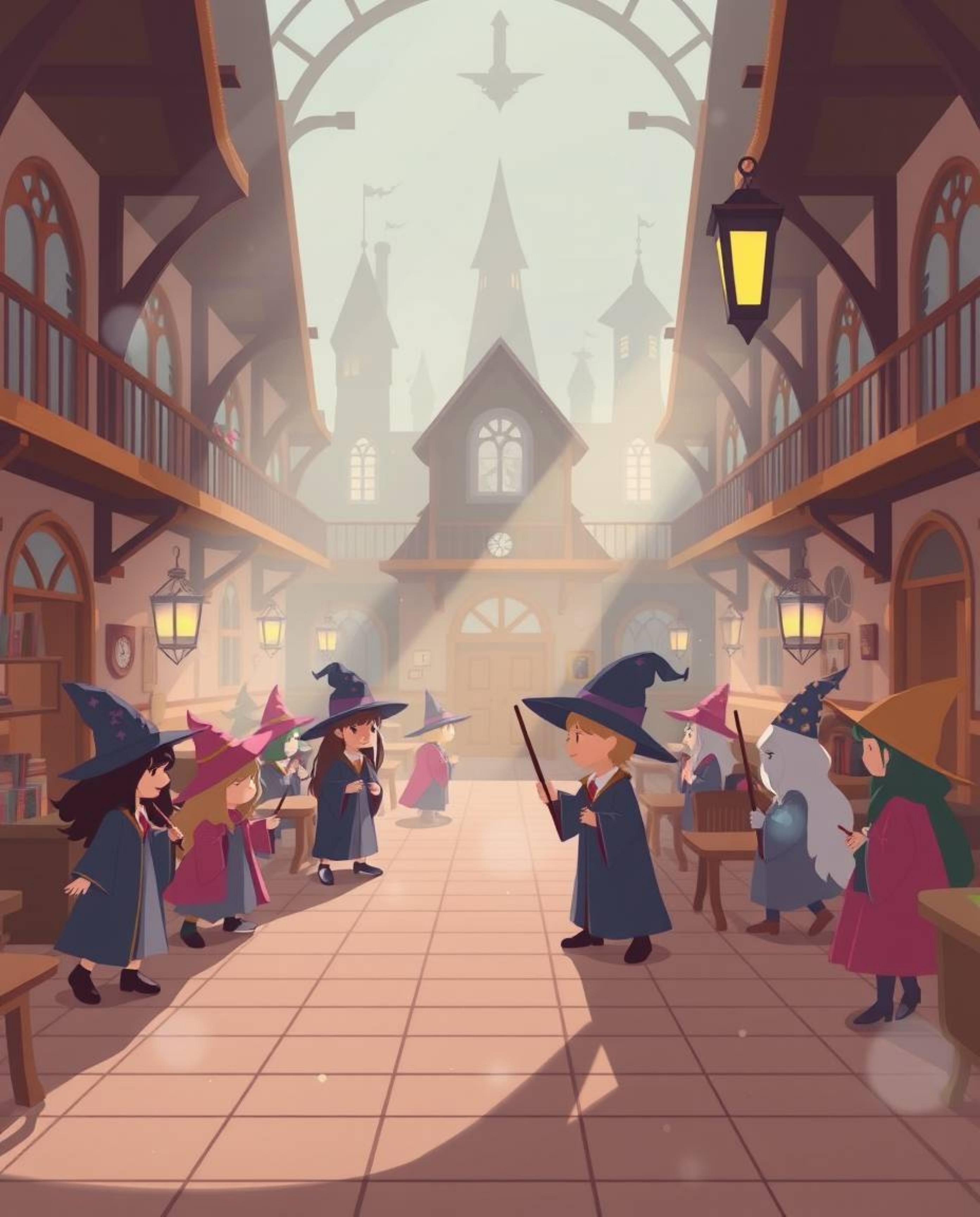 Experience a magical school teeming with young wizards, rendered in a modern flat design style.  The scene is bathed in a sof