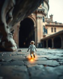 A captivating architectural photograph showcases a child venturing into a cave, guided by glowing footsteps. The image master