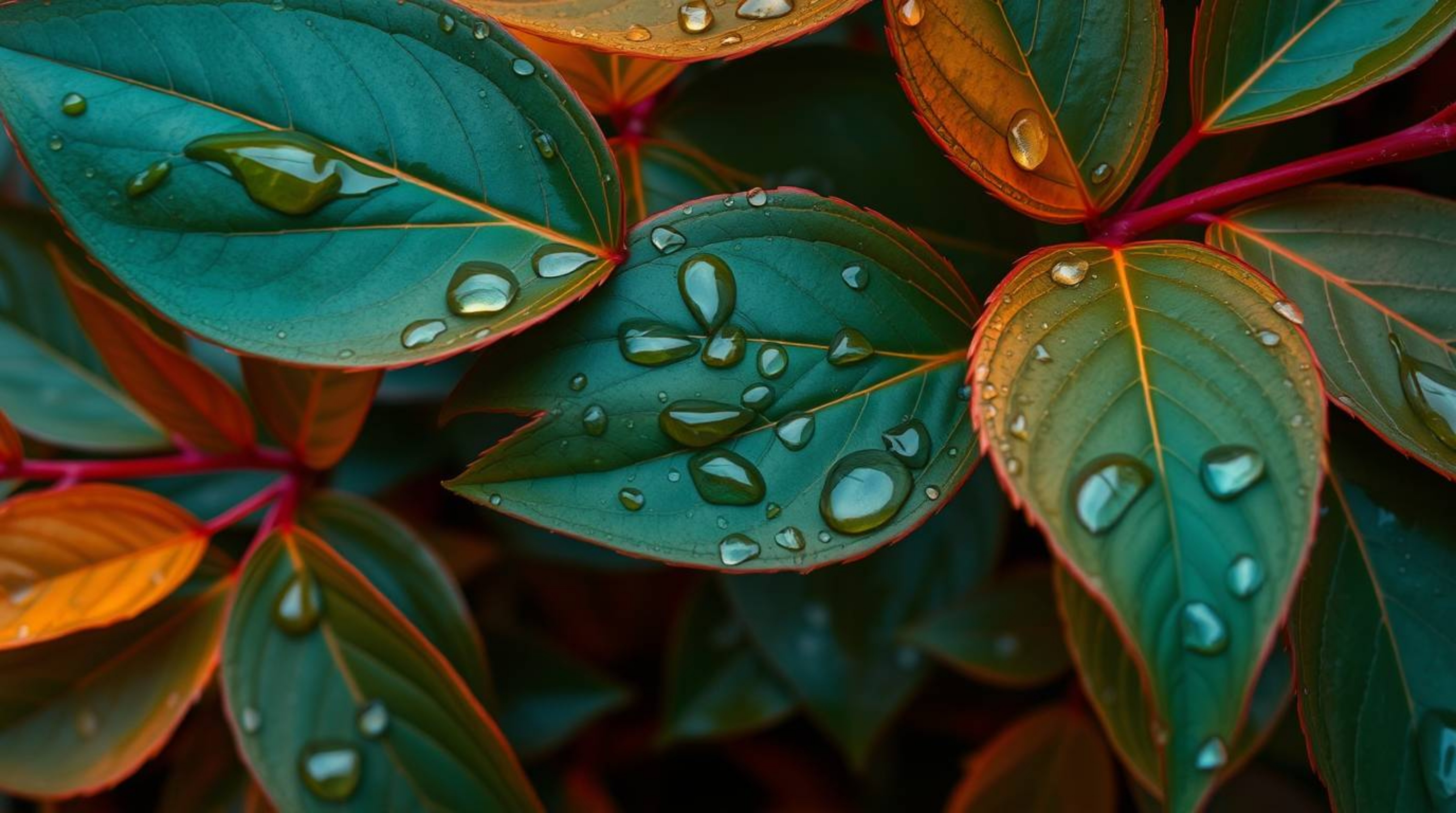 Capture the beauty of an overhead bird's eye view showcasing a rich, deep teal sunset reflecting in raindrops clinging to lea