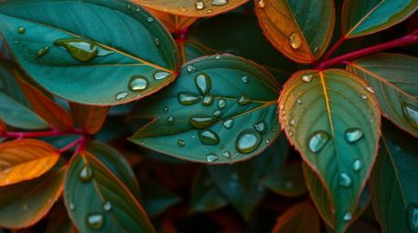 Capture the beauty of an overhead bird's eye view showcasing a rich, deep teal sunset reflecting in raindrops clinging to lea