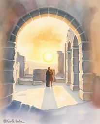 A surreal infrared image of an epic, grand, modern future scene, this artwork depicts a sunset casting shadows through ancien