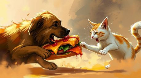 A dynamic digital sketch captures a whimsical scene of a dog and cat battling over a colossal sandwich. Utilizing loose, pain