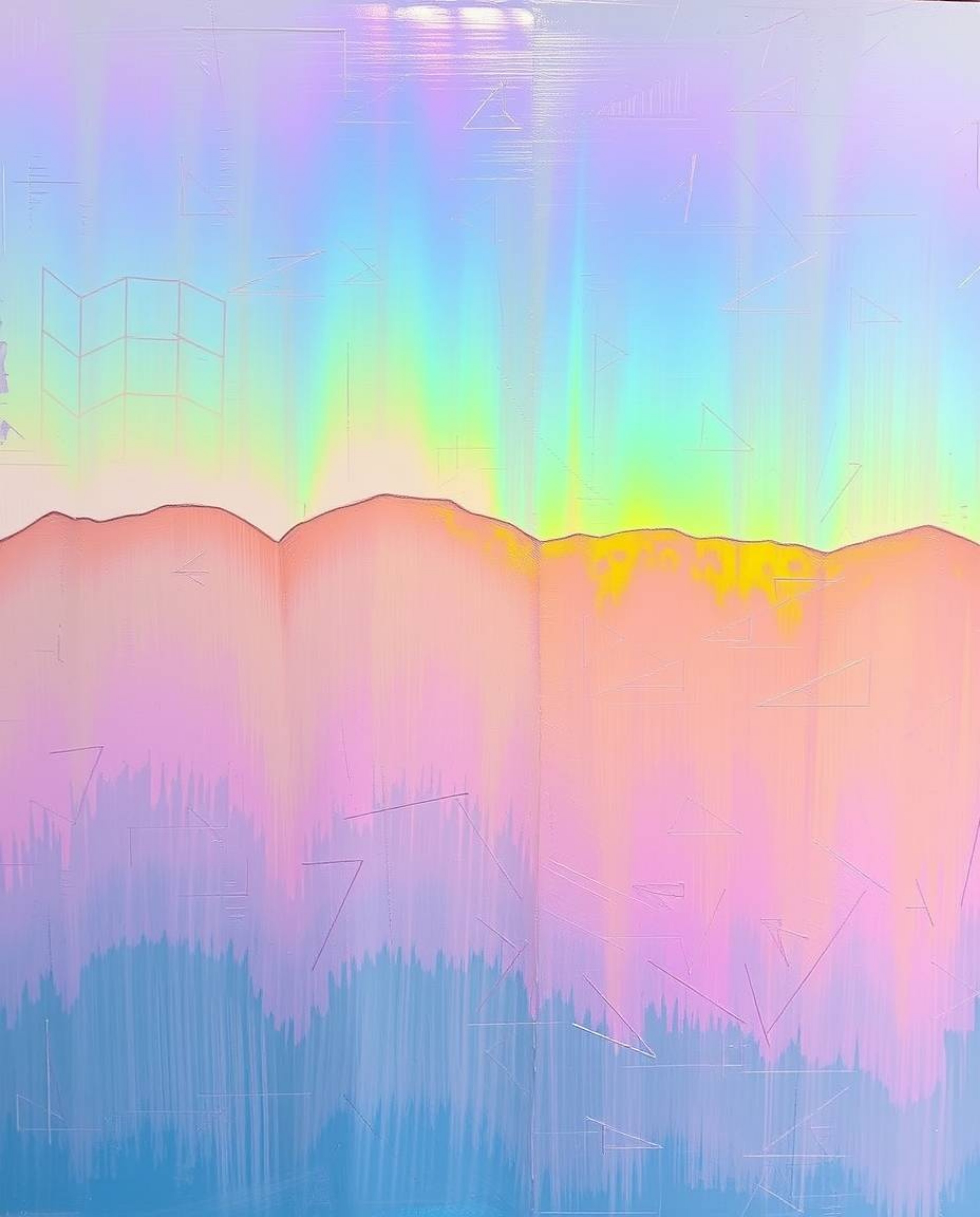 Explore a vibrant and textured acrylic painting featuring bold iridescent colors layered over a geometric pattern wallpaper w