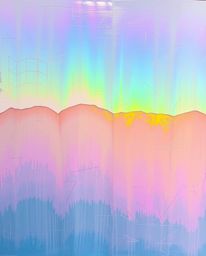 Explore a vibrant and textured acrylic painting featuring bold iridescent colors layered over a geometric pattern wallpaper w