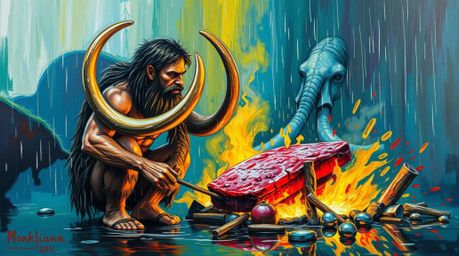 This bold acrylic painting depicts a captivating scene of a caveman cooking mammoth meat amidst a wet, rainy environment. The
