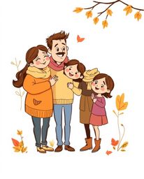 A hand-drawn sketch depicting a heartfelt family reunion in warm autumn colors, styled after Pixar animation. This earthy and