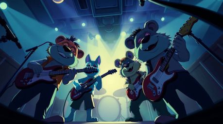 Immerse yourself in a dramatic scene featuring a band of cartoon animals rocking out, captured from a captivating low angle p