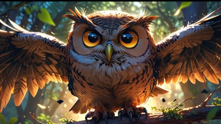 In a profoundly innovative and inspiring scene, rendered in a beautiful blend of Pixar and anime styles, a wise blind owl tea