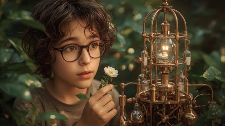 a vibrant, whimsical, Pixar-inspired photograph of a bright-eyed, bespectacled, homeschooled genius, with curly brown hair an