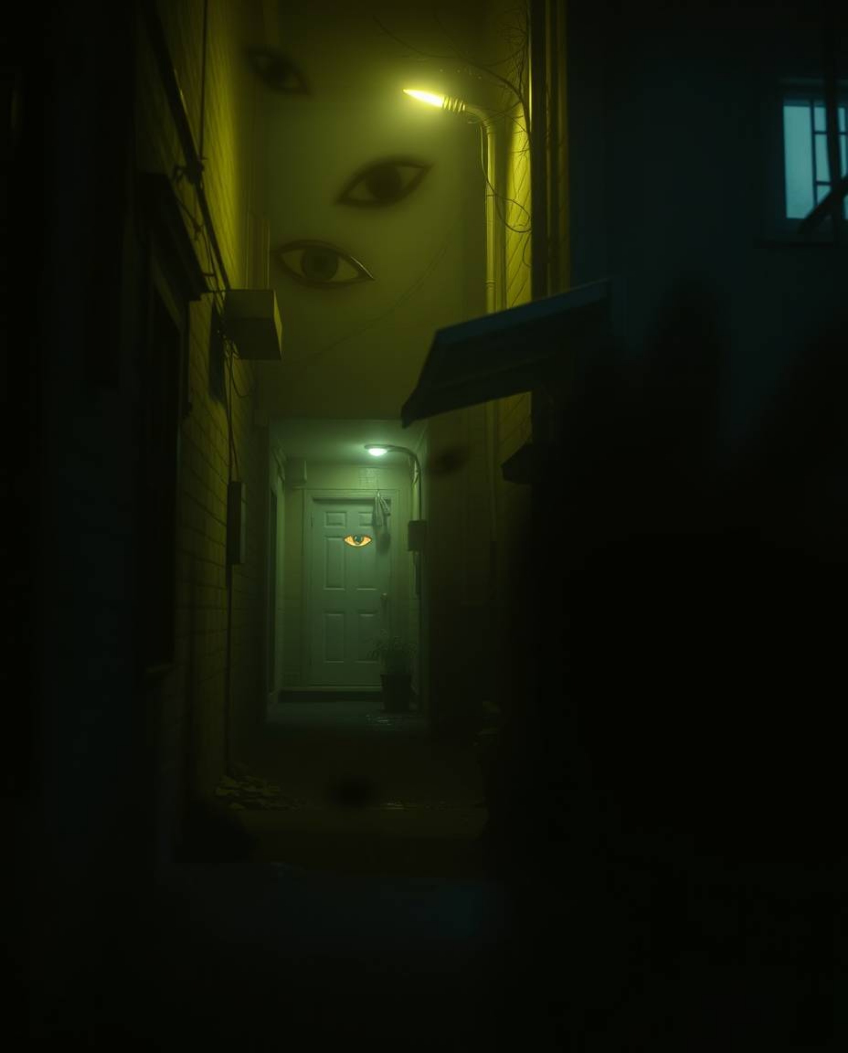 Explore the captivating darkness with eerie eyes watching from a night alley's shadows, bathed in a mystic, enchanting enviro