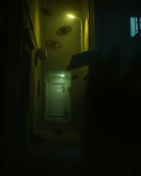 Explore the captivating darkness with eerie eyes watching from a night alley's shadows, bathed in a mystic, enchanting enviro