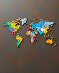 A captivating abstract world map concept realized through vibrant colorful splashes on a cast bronze surface. The artwork sho