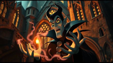 A classic Disney villain with sharp features and pale skin casts a spell within the walls of an old, gothic castle.  The scen