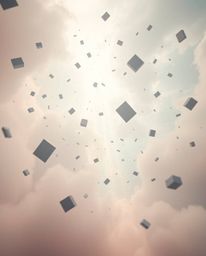 A surreal storm featuring flying objects that defy gravity is brought to life with soft pastel colors and volumetric lighting