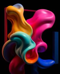 A captivating high-resolution stock photo showcasing colorful 3D fluid shapes interacting dynamically with geometric forms.  
