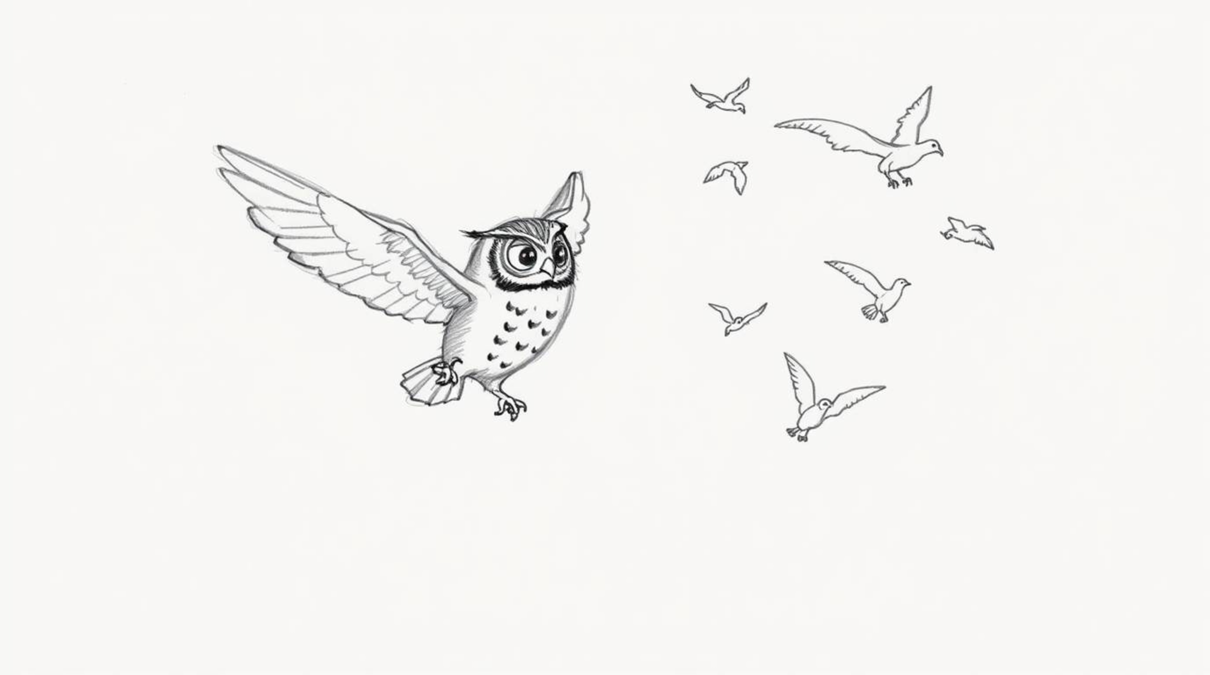 A captivating hand-drawn sketch in the style of Pixar depicts a heartwarming scene: a blind owl, seemingly suspended in mid-a
