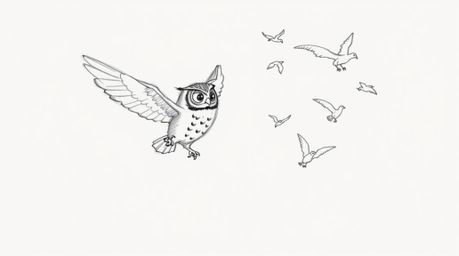A captivating hand-drawn sketch in the style of Pixar depicts a heartwarming scene: a blind owl, seemingly suspended in mid-a