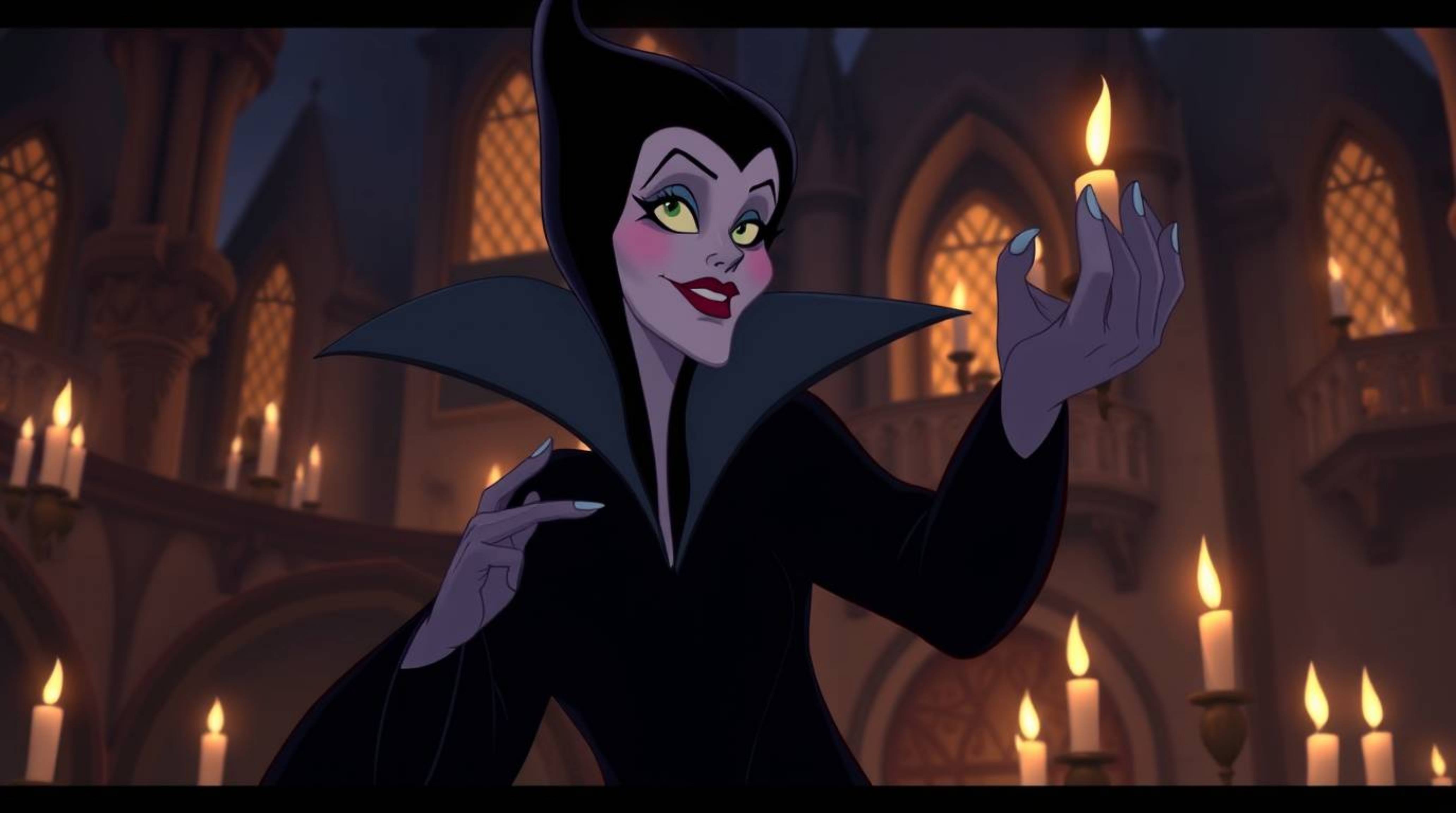 A refined Disney villain casts a spell within the warm, candlelit ambiance of an ancient castle. This graceful and elegant sc
