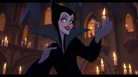 A refined Disney villain casts a spell within the warm, candlelit ambiance of an ancient castle. This graceful and elegant sc