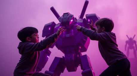 Explore a captivating fine art photography series depicting three superpowered children engaged in a fierce battle against a 