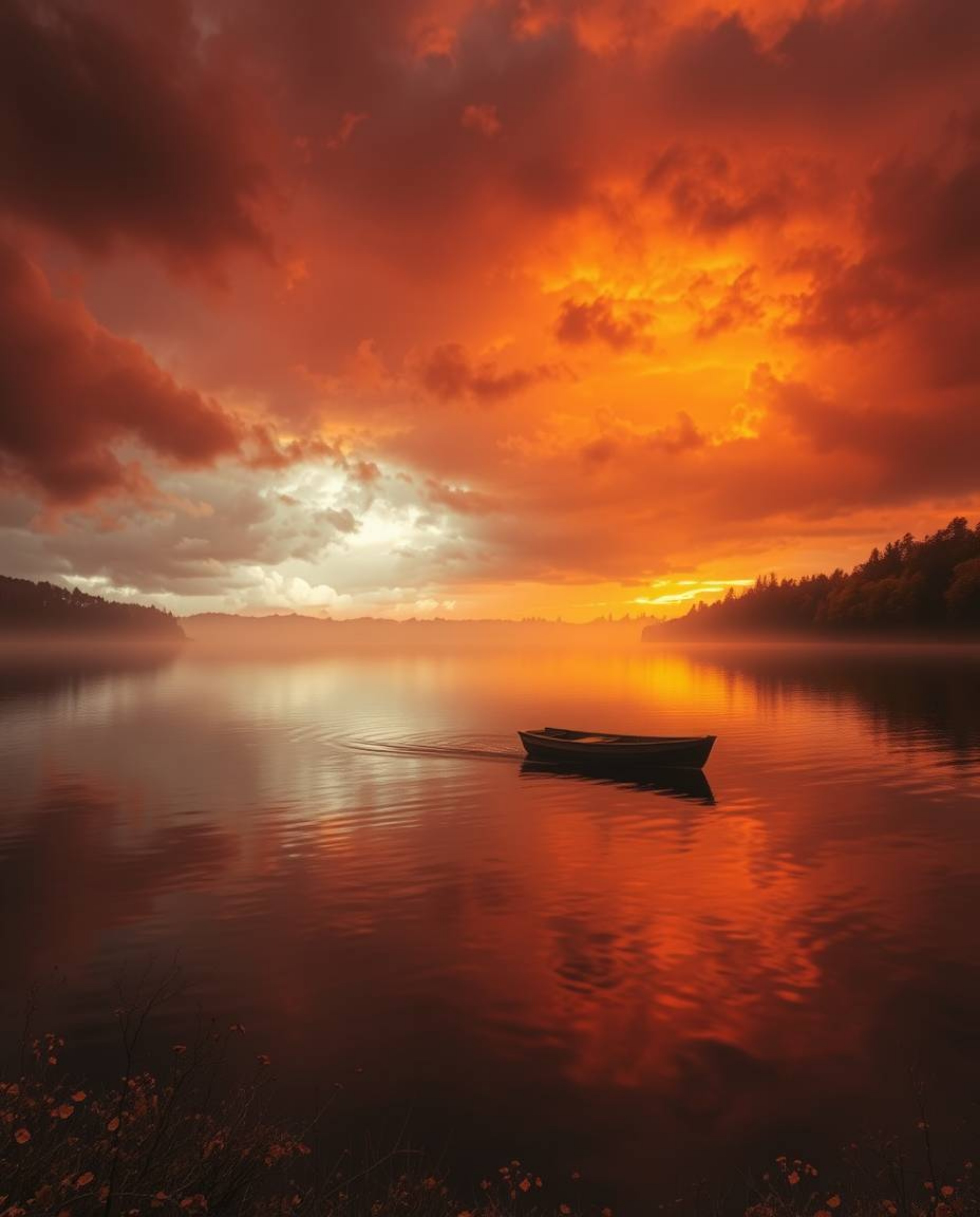 A lone boat drifts serenely on a lake at sunset, bathed in warm autumn hues. Stormy skies with deep oranges, reds, and purple