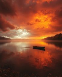 A lone boat drifts serenely on a lake at sunset, bathed in warm autumn hues. Stormy skies with deep oranges, reds, and purple