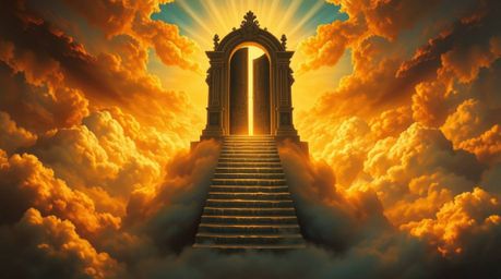 A captivating fantasy realism painting showcases a heavenly gate majestically floating above a sea of clouds.  Golden light s