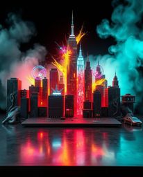 A captivating digital sculpture rendering a cyberpunk cityscape bathed in colorful neon splashes. The cast bronze surface pre