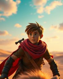 Embark on a thrilling desert adventure with a brave hero, rendered in a stunning Disney-esque cinematic style.  Experience vi