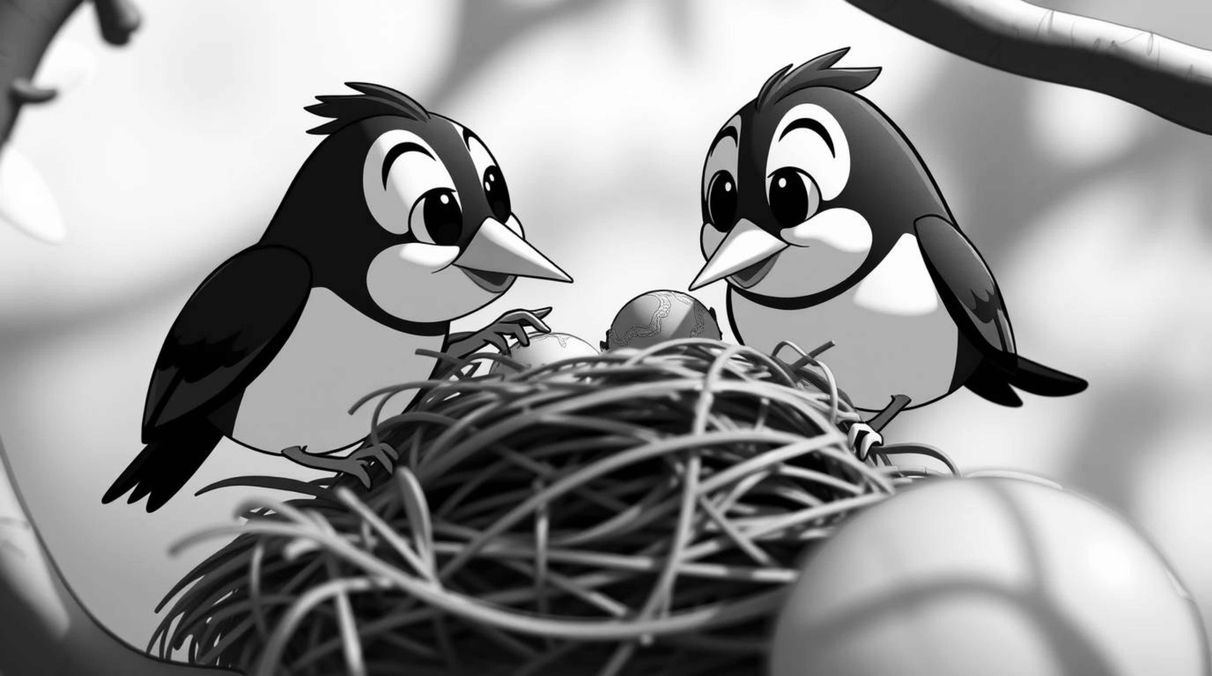 A stunning extreme macro close-up in classic black and white showcasing two cartoon birds diligently building a nest in a tim