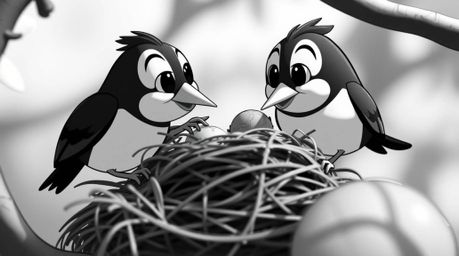 A stunning extreme macro close-up in classic black and white showcasing two cartoon birds diligently building a nest in a tim