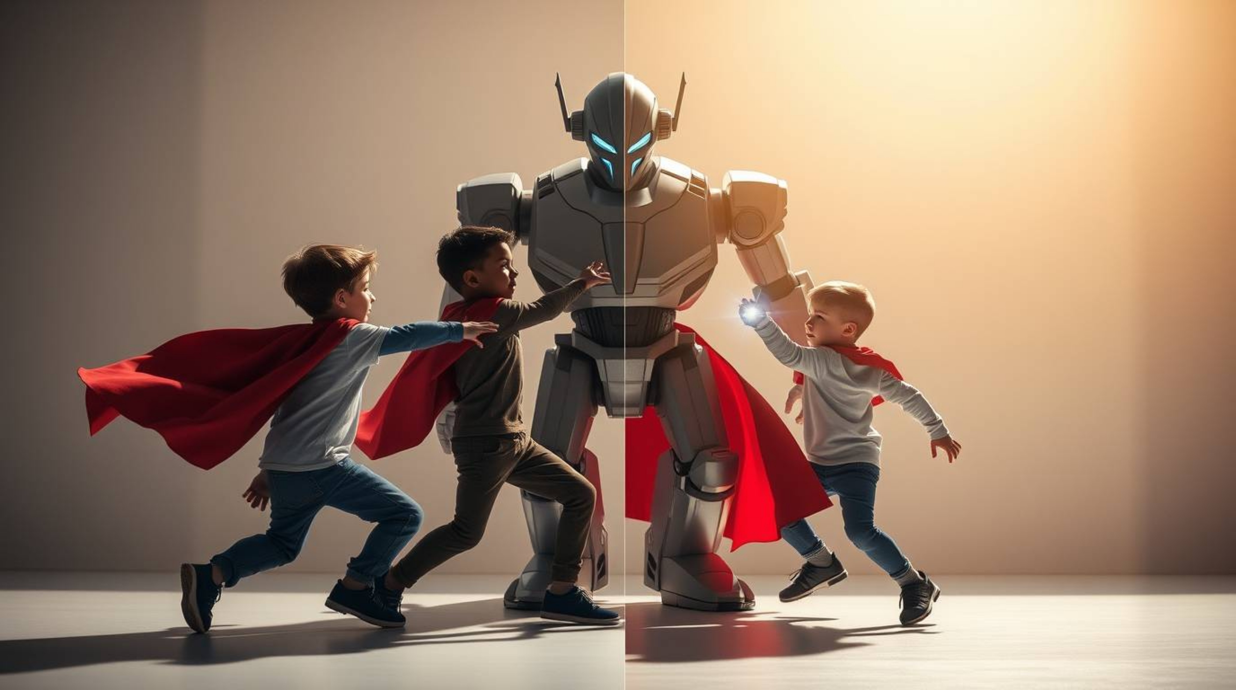 Witness an epic battle between three superpowered children and a formidable robot.  This dynamic scene features a distinct sp