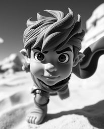 Experience an extreme close-up macro shot of a courageous hero embarking on a classic Disney-style desert adventure. This ti
