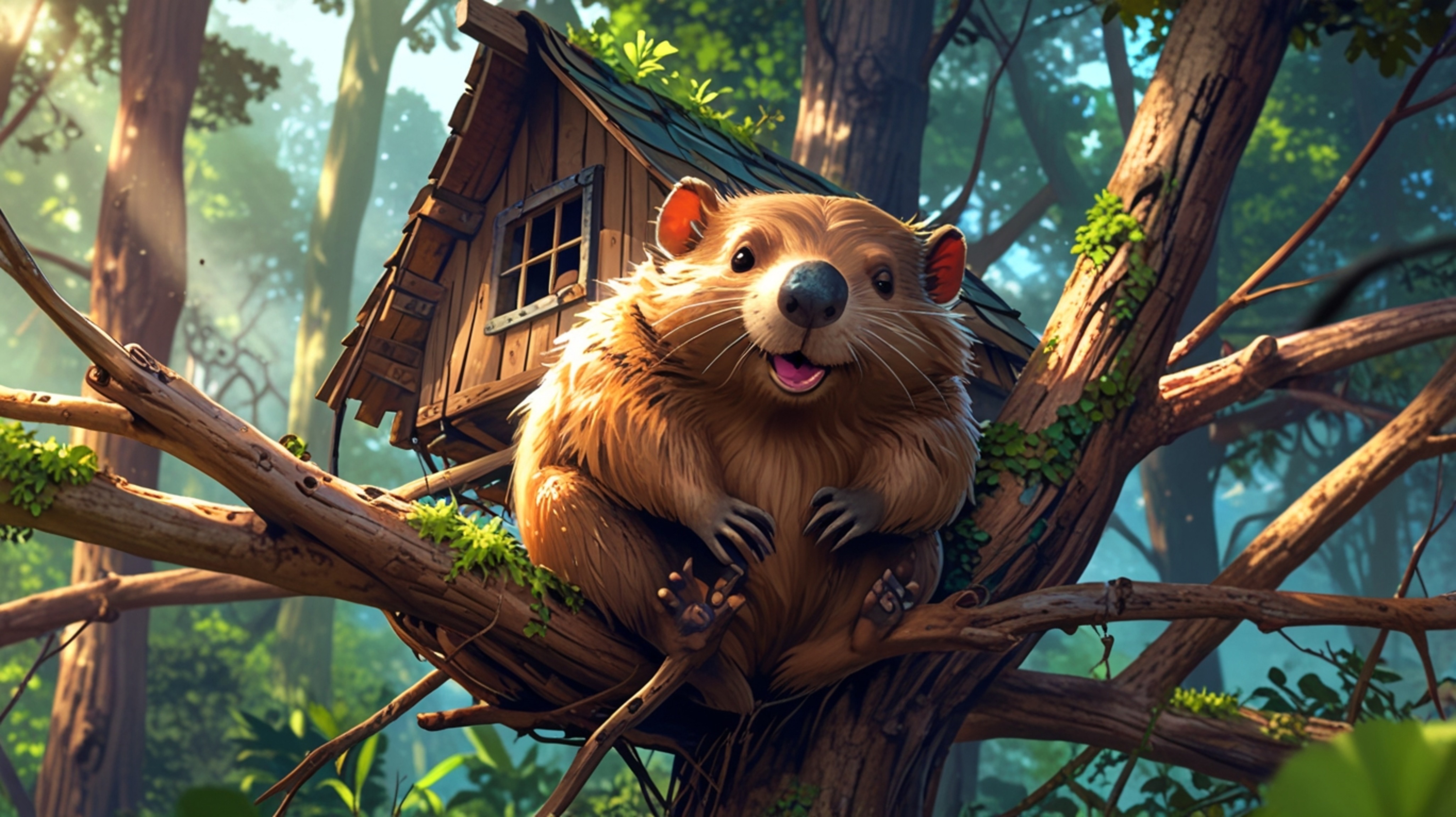 In a heartwarming scene that blends Pixar and anime styles, a beaver stands beside the perfect treehouse it has built for orp