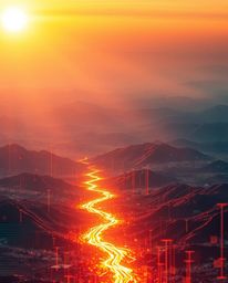 Immerse yourself in a captivating digital glitch landscape bathed in a warm golden glow. This cinematic scene depicts the lan