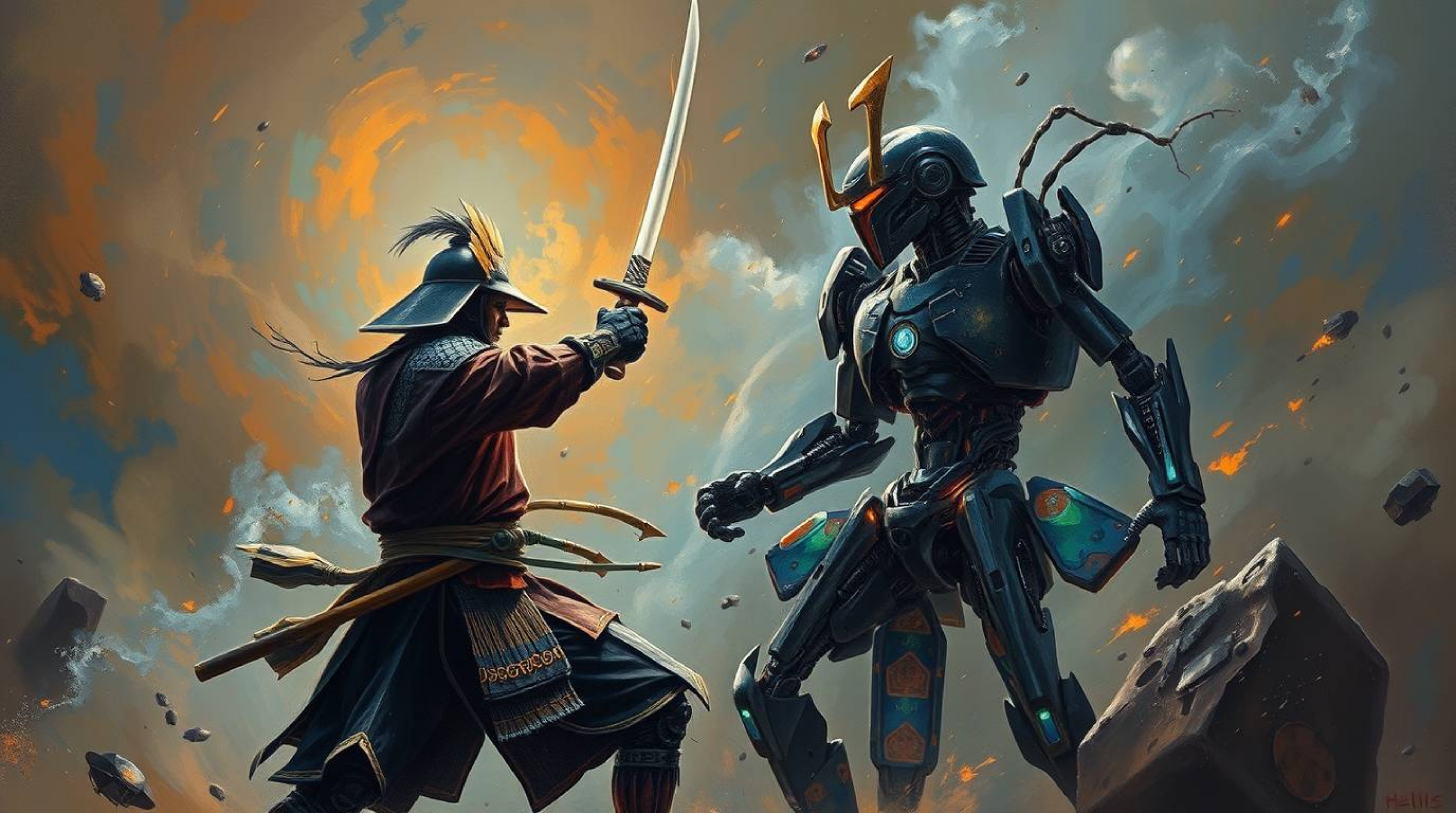 A captivating oil painting depicts a fierce battle between a samurai and a robot in a dystopian world.  The artwork is infuse