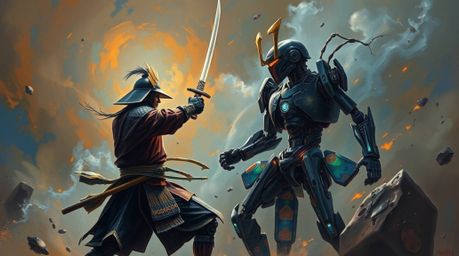 A captivating oil painting depicts a fierce battle between a samurai and a robot in a dystopian world.  The artwork is infuse