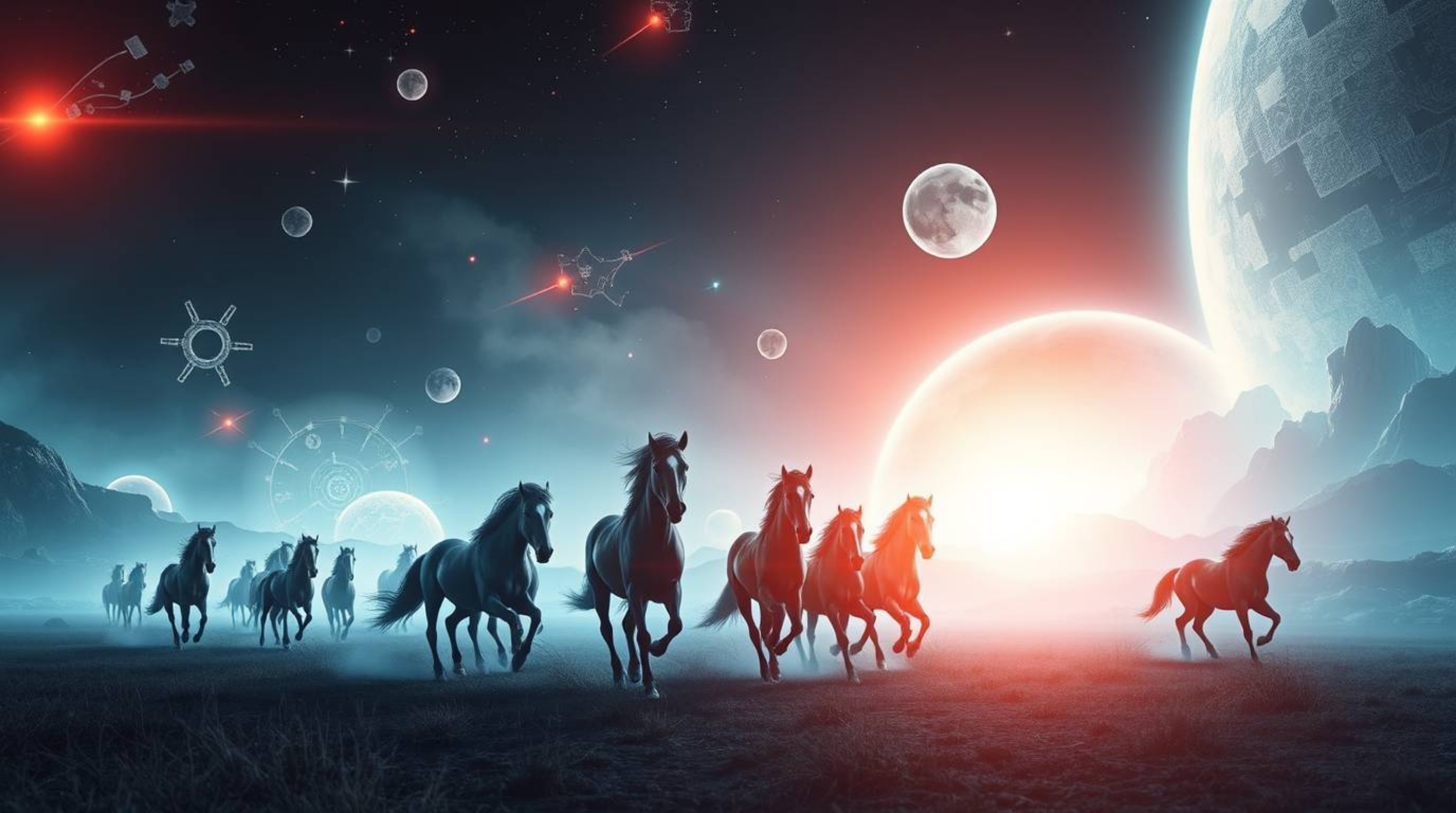 Experience a captivating futuristic sci-fi light art piece depicting a herd of wild horses galloping beneath a breathtaking g