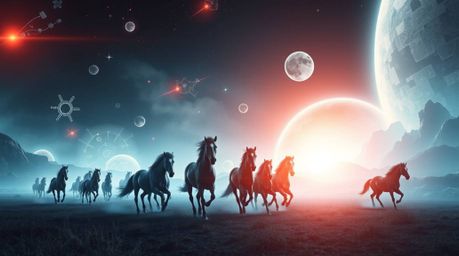 Experience a captivating futuristic sci-fi light art piece depicting a herd of wild horses galloping beneath a breathtaking g