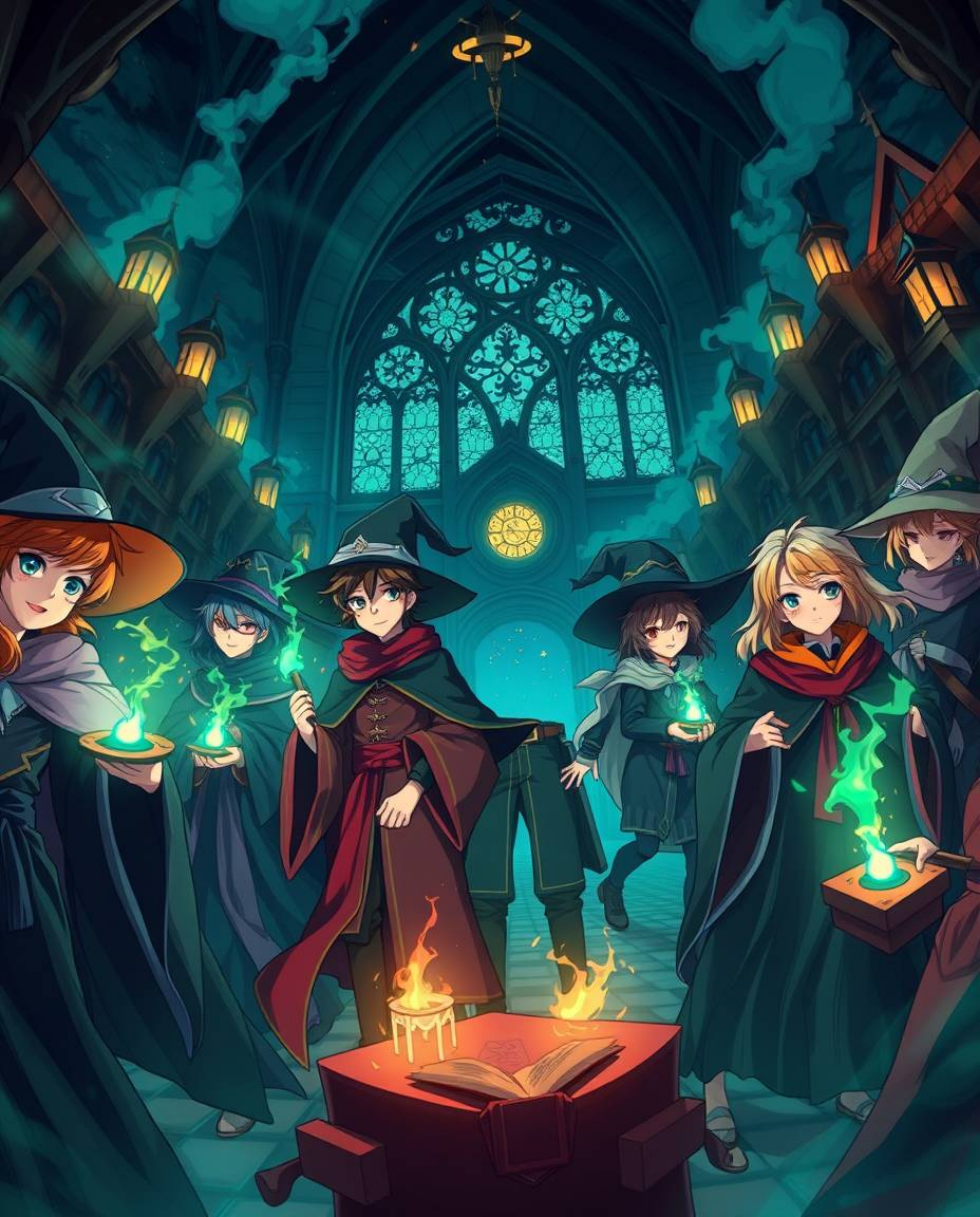Immerse yourself in a rich, deep teal-toned Isekai anime world, depicting a magical school brimming with young wizards. This 