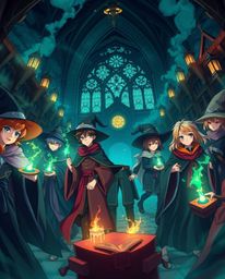 Immerse yourself in a rich, deep teal-toned Isekai anime world, depicting a magical school brimming with young wizards. This 