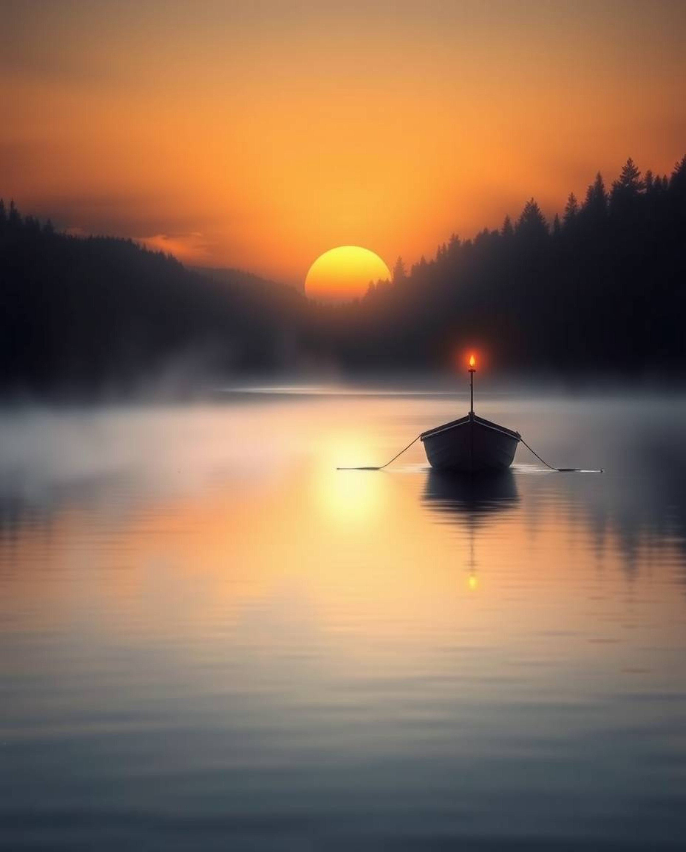 This is a mystical image of a boat drifting on a lake at sunset. The scene is bathed in the warm glow of flickering candlelig
