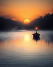 This is a mystical image of a boat drifting on a lake at sunset. The scene is bathed in the warm glow of flickering candlelig
