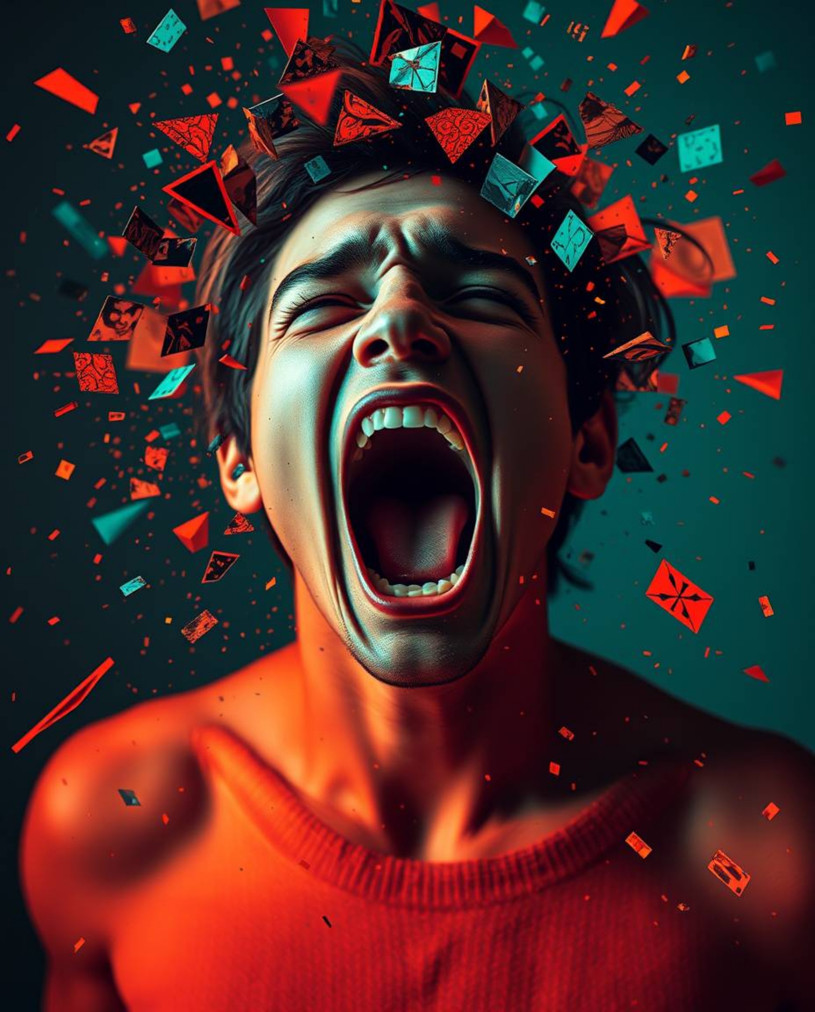 A captivating digital artwork depicts a person screaming as their reality fragments into a vibrant pixelated landscape.  The 