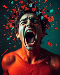 A captivating digital artwork depicts a person screaming as their reality fragments into a vibrant pixelated landscape.  The 