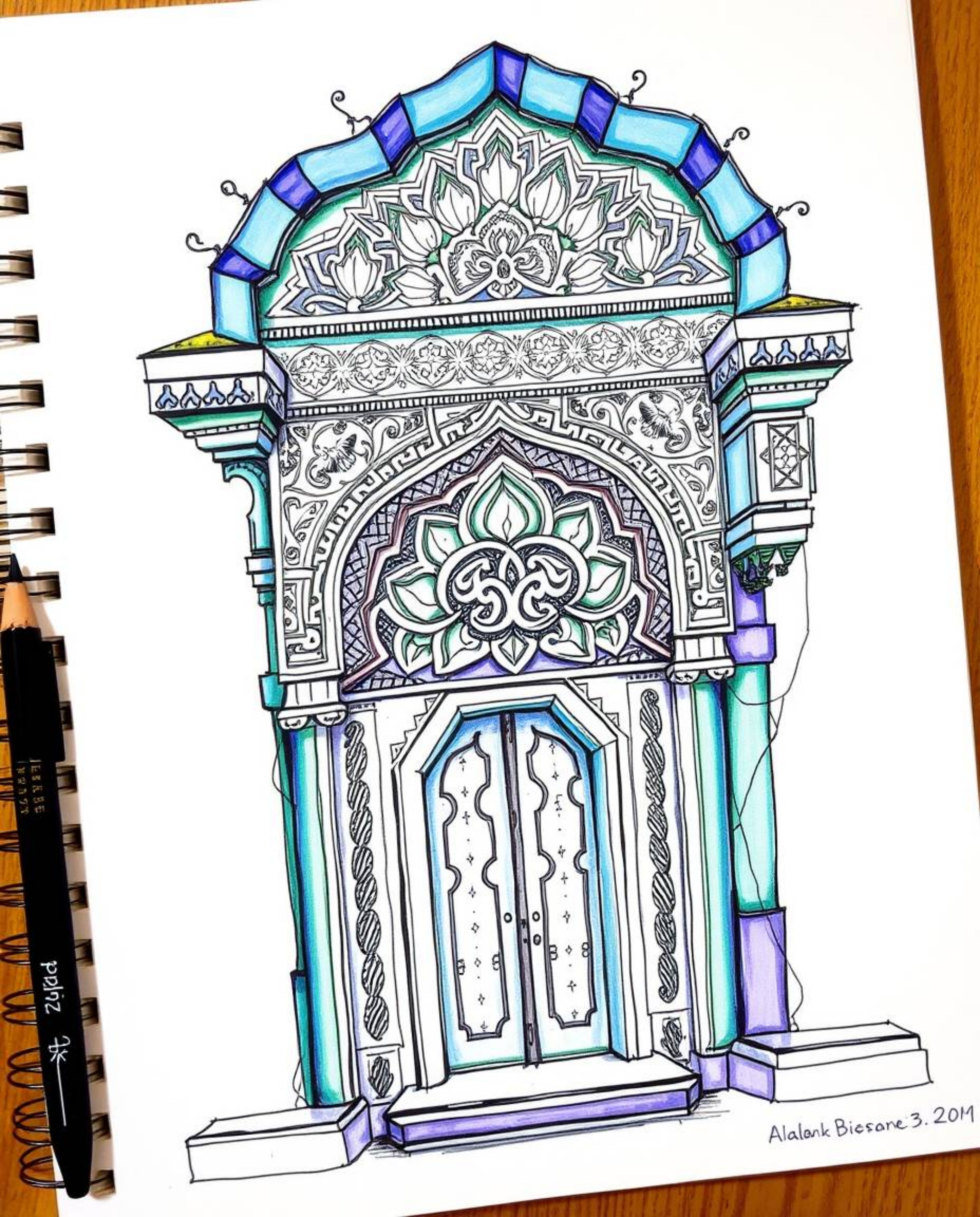 Explore the beauty of Islamic geometric patterns with this hand-drawn color sketch. Featuring intricate details and historica