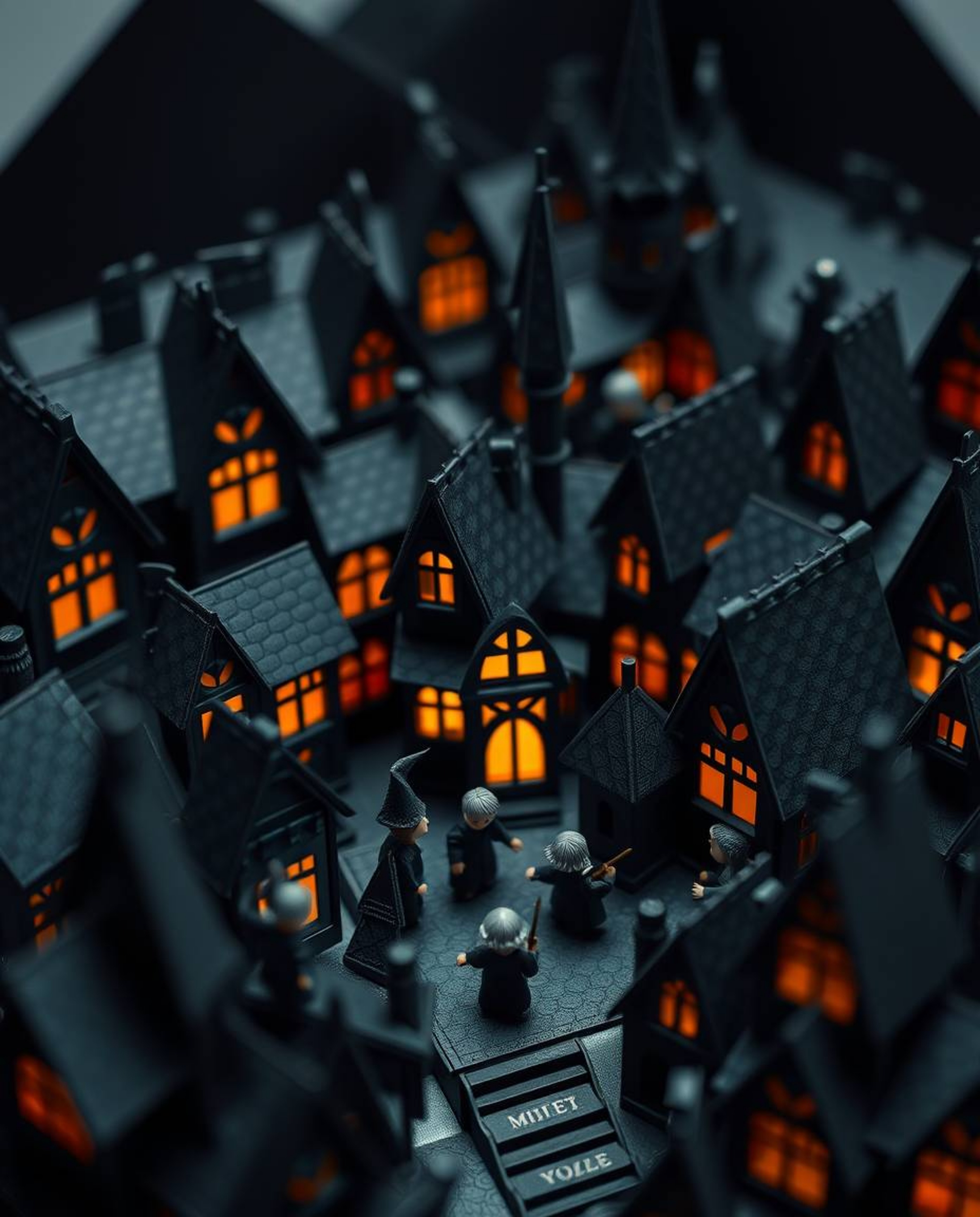 Discover an extreme macro close-up of a magical school brimming with young wizards. This intricate artwork, rendered in a jet