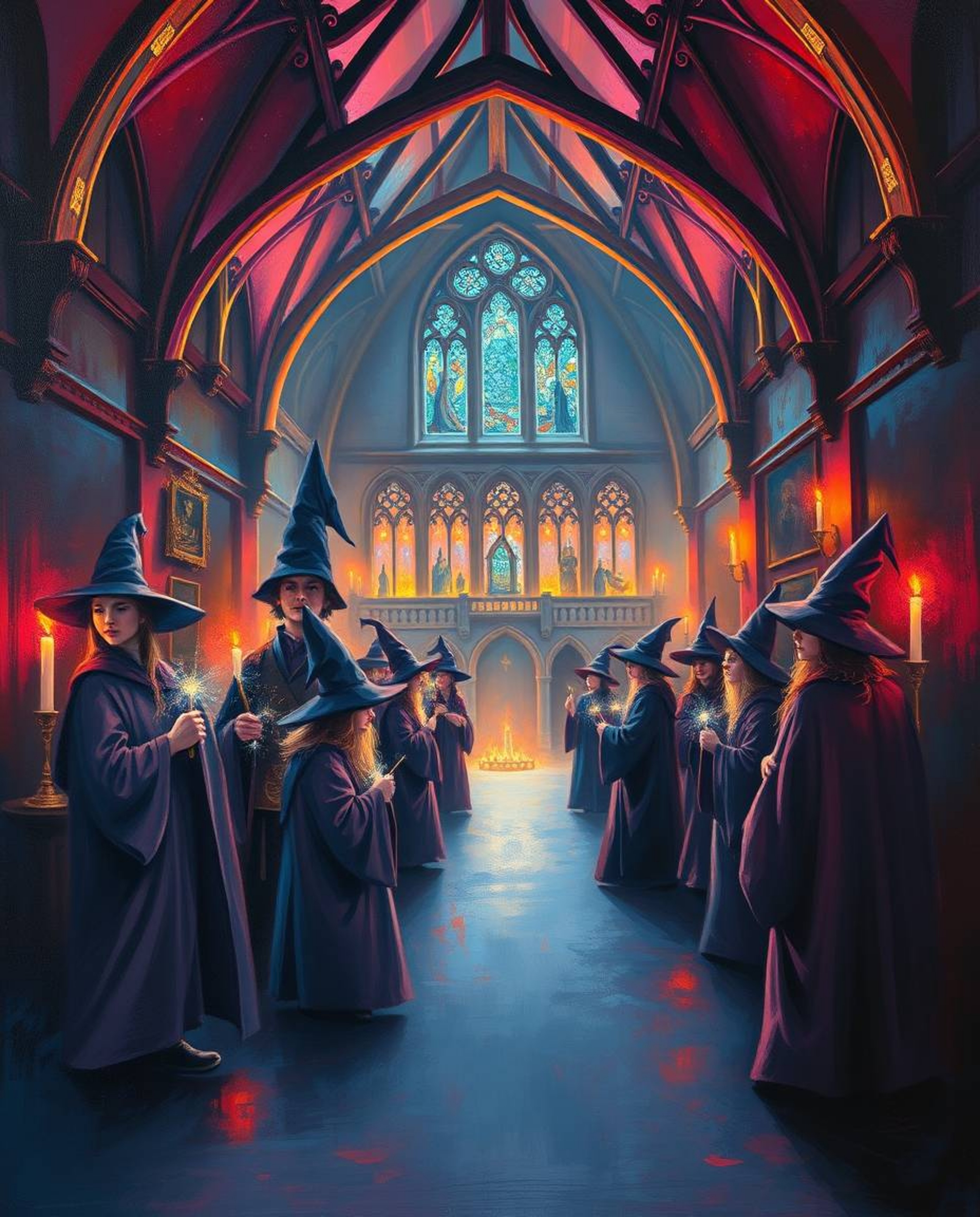 An exquisite oil painting depicting a magical school teeming with young wizards, bathed in the warm glow of candlelight. The 