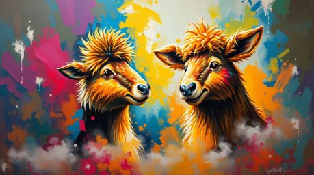 A captivating acrylic painting showcases two talking animals engaged in conversation, bathed in dramatic volumetric lighting.